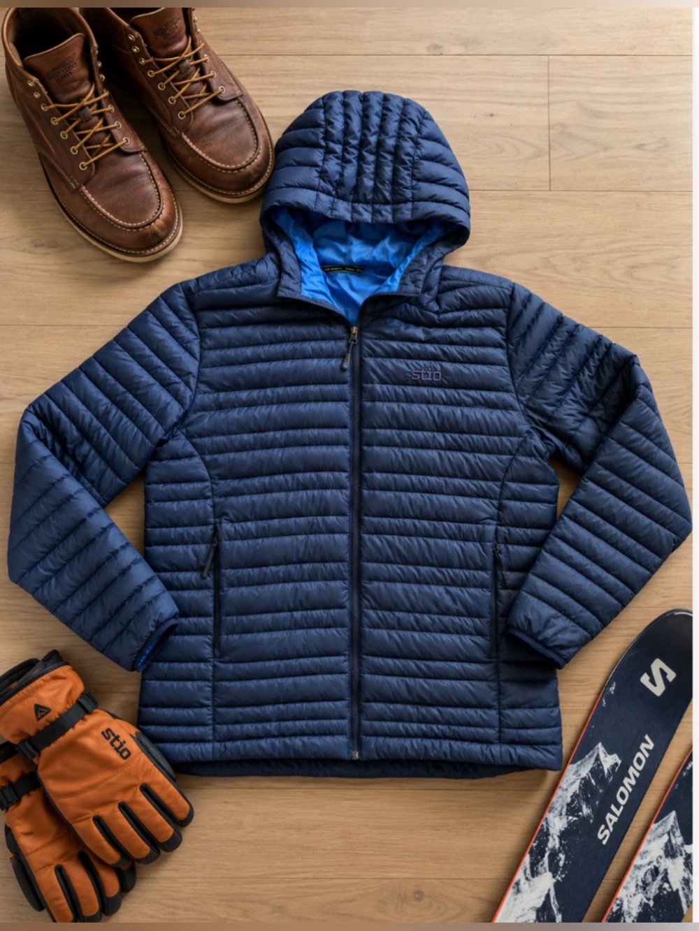 Stio Pinion 800 Fill Down Hooded Jacket Men's L Mountain Alpine Navy Blue Winter